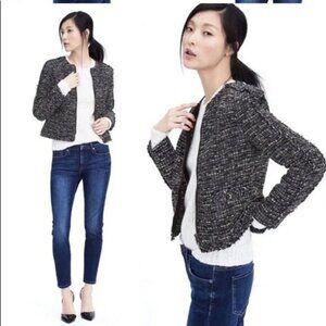 BANANA REPUBLIC Tweed Fringe Boucle Zip Navy Jacket Womens Size 0